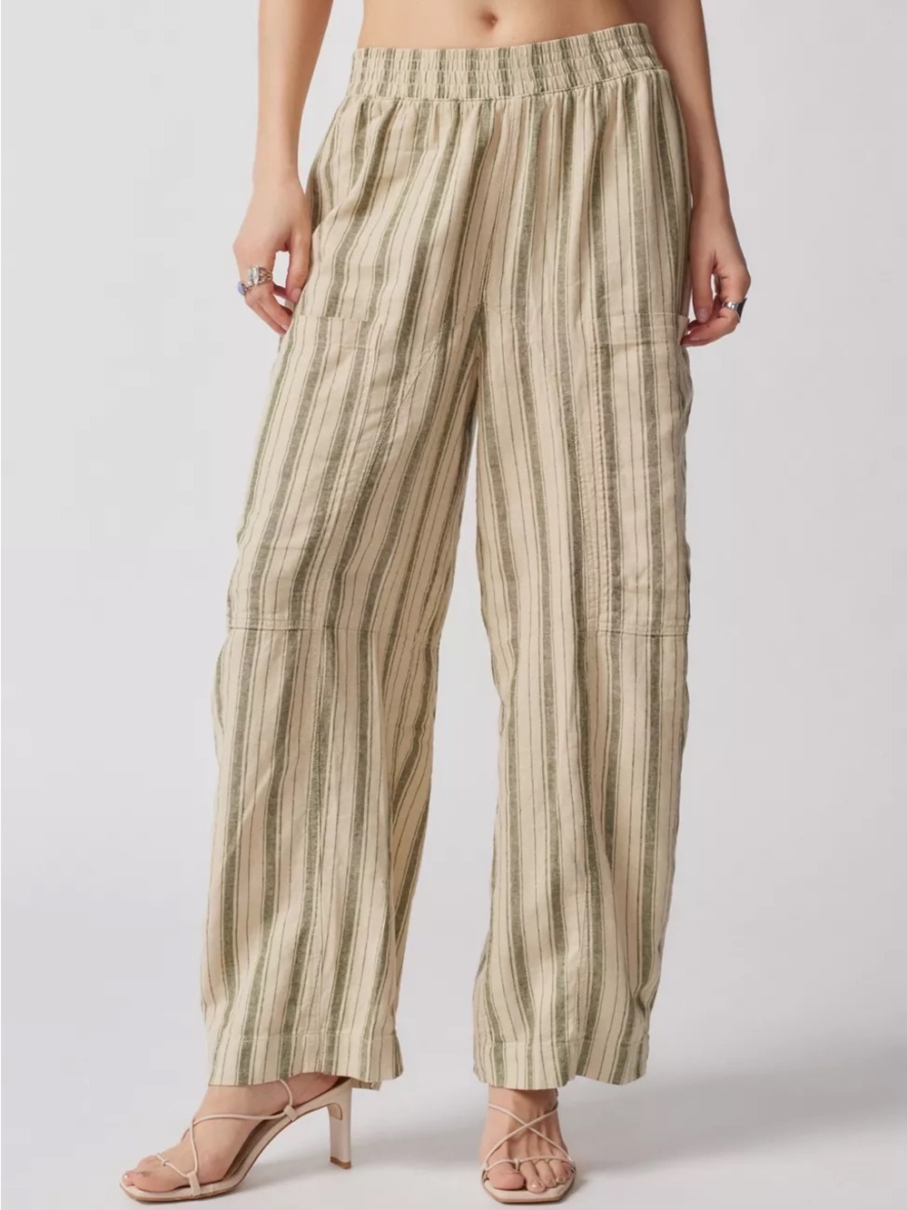UO Mae Linen Low-Rise Cargo Pant Size S Stripped Boho Barrel Leg Casual Wide Leg